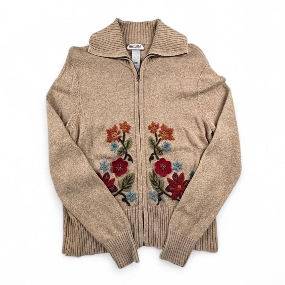 Vintage Floral Embroidered Zip Up Sweater Women’s Size M Cottagecore Cardigan